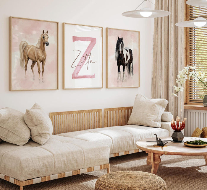 Personalized Horse Wall Art Set of 3, Girls Horse Nursery Decor, Palomino & Gypsy Vanner Prints, Pink Monogram Equestrian Room Art