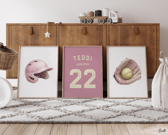 Personalized Girls Softball Wall Art Set, Pink Softball Nursery Decor, Glove Batting Helmet Print, Name Jersey Number, Softball Girl Room
