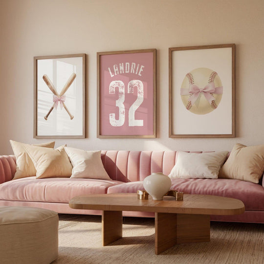 Softball Girls Nursery Wall Art Set, Pink Baseball Bats & Softball Bows, Personalized Name Number Print, Baby Girl Room Decor Gift