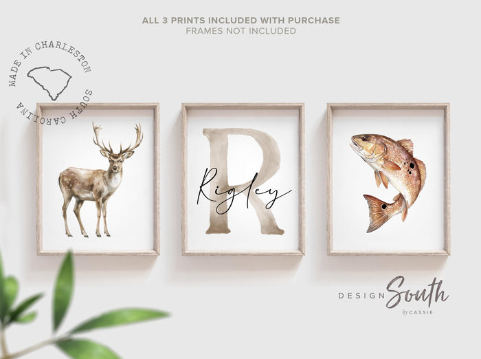 Redfish Wall Art Set of 3, Red Drum Fish Nursery Decor, Bull Red Fishing Prints, Personalized Boys Fishing Hunting Room, Buck Deer Art