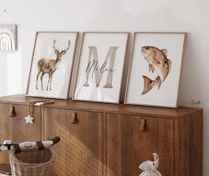 Redfish Wall Art Set of 3, Red Drum Fish Nursery Decor, Bull Red Fishing Prints, Personalized Boys Fishing Hunting Room, Buck Deer Art