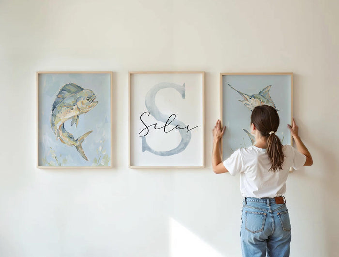 Marlin & Mahi Mahi Wall Art Set of 3, Personalized Boys Fishing Nursery Decor, Dorado Fish Prints, Monogram Name, Coastal Ocean Bedroom Art