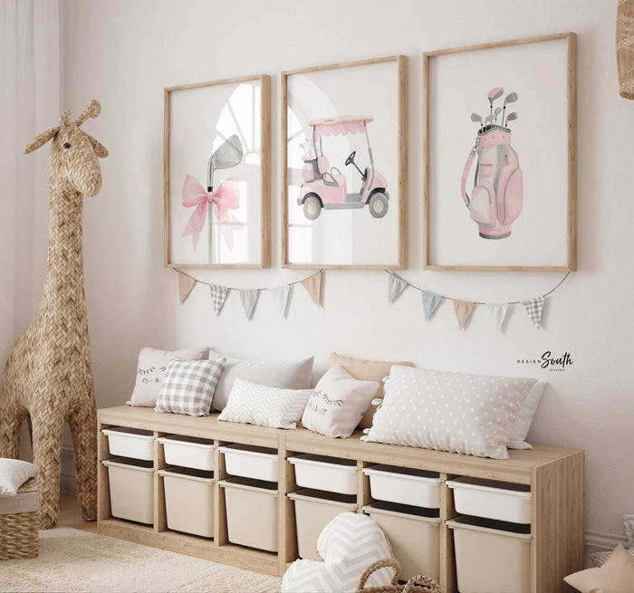 Baby Girl Golf Nursery Wall Art Set of 3, Pink & Gray Golf Nursery Decor, Personalized Toddler Girl Bedroom, Little Golfer Wall Prints