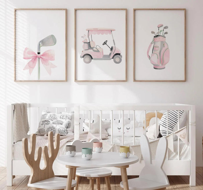 Baby Girl Golf Nursery Wall Art Set of 3, Pink & Gray Golf Nursery Decor, Personalized Toddler Girl Bedroom, Little Golfer Wall Prints