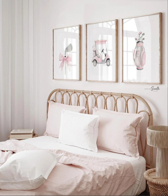 Baby Girl Golf Nursery Wall Art Set of 3, Pink & Gray Golf Nursery Decor, Personalized Toddler Girl Bedroom, Little Golfer Wall Prints