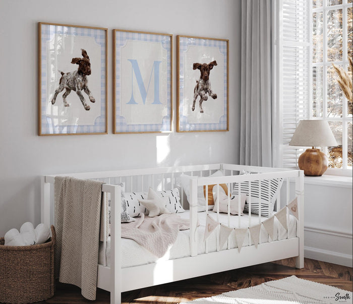 German Shorthaired Pointer Wall Art Set of 3, GSP Puppy Nursery Decor, Personalized Boys Bird Dog Prints, Blue Gingham Hunting Room Art