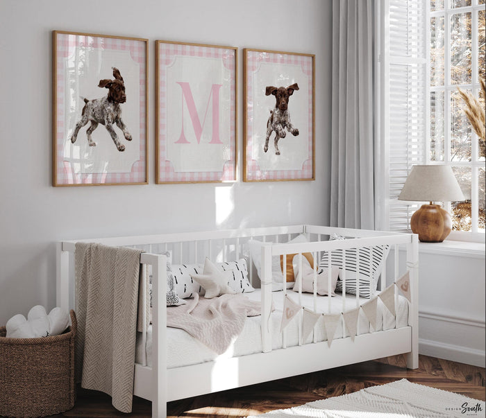 German Shorthaired Pointer Wall Art Set of 3, GSP Puppy Girl Nursery Decor, Pink Gingham Bird Dog Print, Personalized Initial Baby Girl Gift