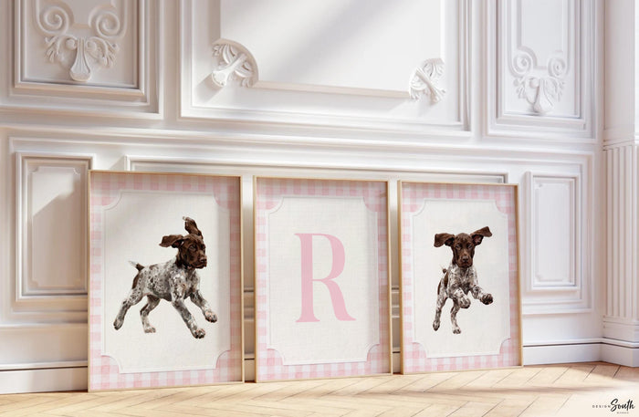 German Shorthaired Pointer Wall Art Set of 3, GSP Puppy Girl Nursery Decor, Pink Gingham Bird Dog Print, Personalized Initial Baby Girl Gift