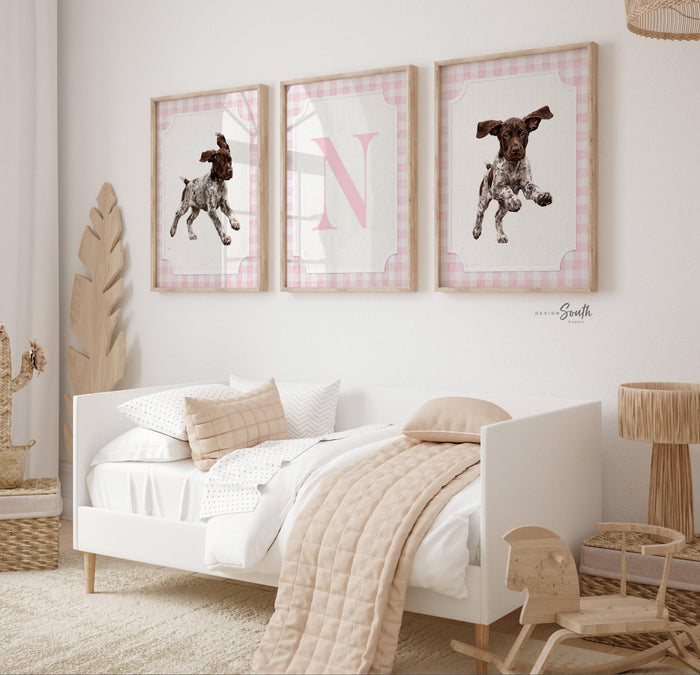 German Shorthaired Pointer Wall Art Set of 3, GSP Puppy Girl Nursery Decor, Pink Gingham Bird Dog Print, Personalized Initial Baby Girl Gift