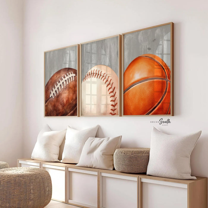 Neutral Sports Wall Art Set of 3, Boys Sports Nursery Decor, Basketball Football Baseball Prints, Distressed Gray Sports Bedroom Art
