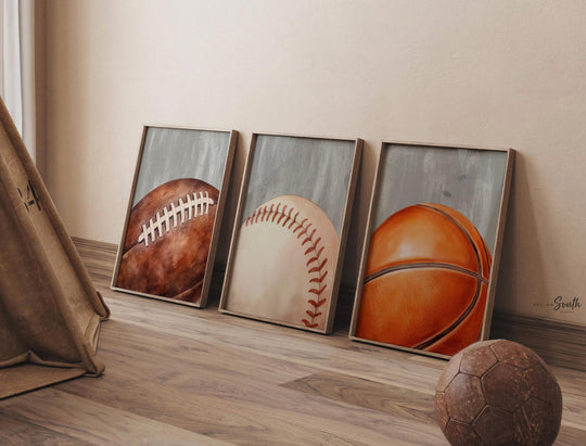 Neutral Sports Wall Art Set of 3, Boys Sports Nursery Decor, Basketball Football Baseball Prints, Distressed Gray Sports Bedroom Art