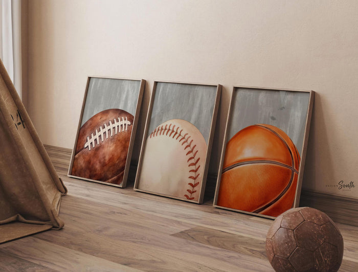 Neutral Sports Wall Art Set of 3, Boys Sports Nursery Decor, Basketball Football Baseball Prints, Distressed Gray Sports Bedroom Art