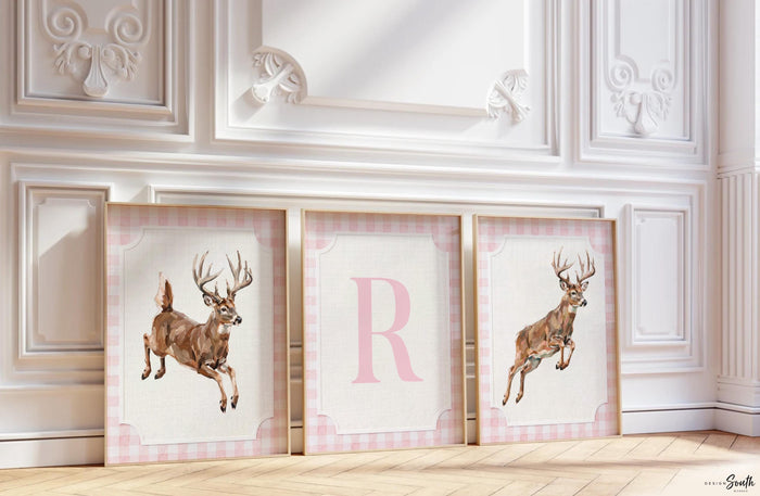 Whitetail Deer Nursery Wall Art Set, Baby Girl Hunting Decor, Jumping Buck Prints, Pink Gingham, Personalized Initial Deer Hunter Room Art