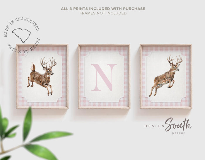 Whitetail Deer Nursery Wall Art Set, Baby Girl Hunting Decor, Jumping Buck Prints, Pink Gingham, Personalized Initial Deer Hunter Room Art