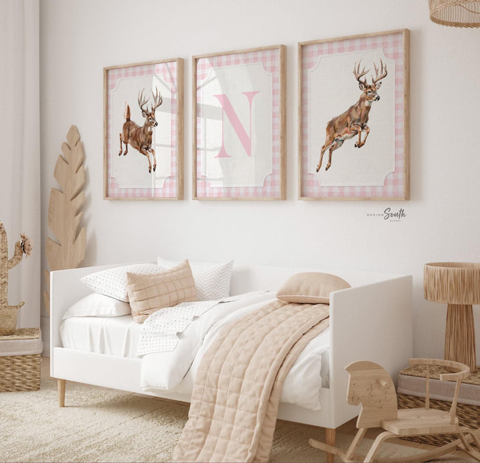 Whitetail Deer Nursery Wall Art Set, Baby Girl Hunting Decor, Jumping Buck Prints, Pink Gingham, Personalized Initial Deer Hunter Room Art