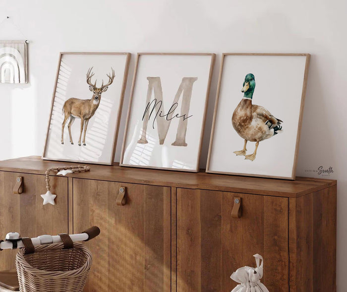 Whitetail Deer Nursery Wall Art Set of 3, Mallard Duck Hunting Nursery Decor, Personalized Baby Boy Name Prints, Buck Antler Art
