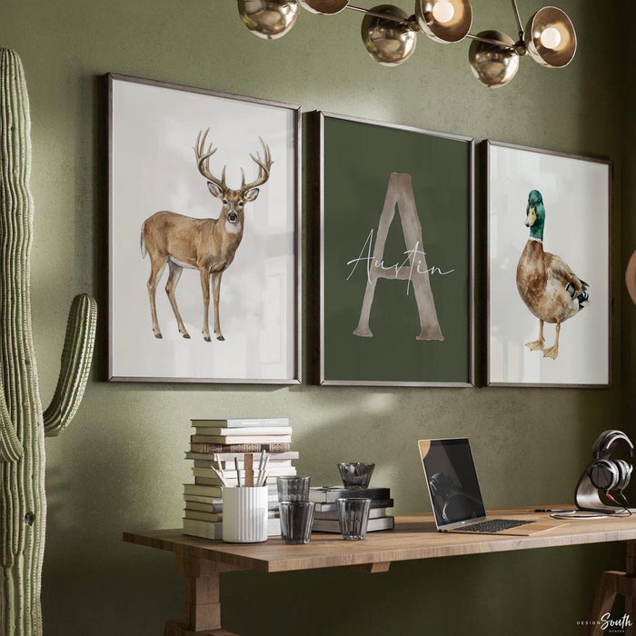 Personalized Hunting Nursery Wall Art, Buck Deer & Mallard Duck Set of 3, Custom Boy Name Print, Woodland Baby Shower Gift