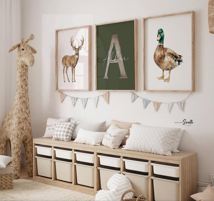 Personalized Hunting Nursery Wall Art, Buck Deer & Mallard Duck Set of 3, Custom Boy Name Print, Woodland Baby Shower Gift