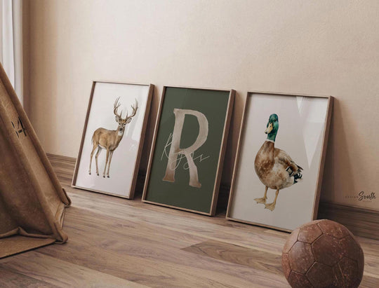 Personalized Hunting Nursery Wall Art, Buck Deer & Mallard Duck Set of 3, Custom Boy Name Print, Woodland Baby Shower Gift