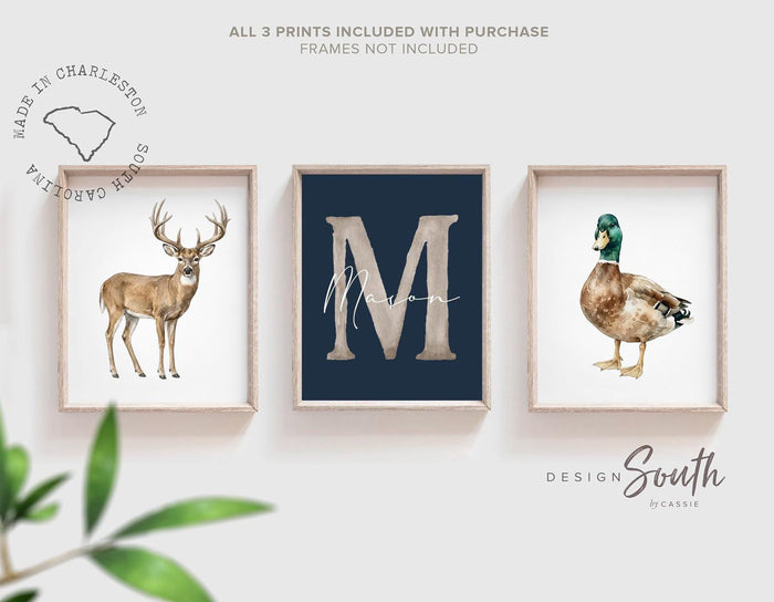 Personalized Hunting Nursery Wall Art Set of 3, Whitetail Deer Mallard Duck Prints, Navy Blue Boy Nursery, Custom Name & Initial Decor