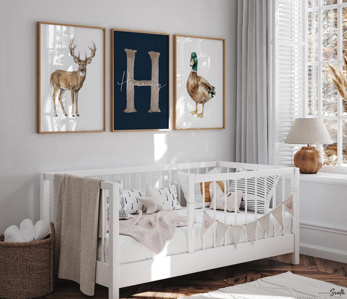 Personalized Hunting Nursery Wall Art Set of 3, Whitetail Deer Mallard Duck Prints, Navy Blue Boy Nursery, Custom Name & Initial Decor