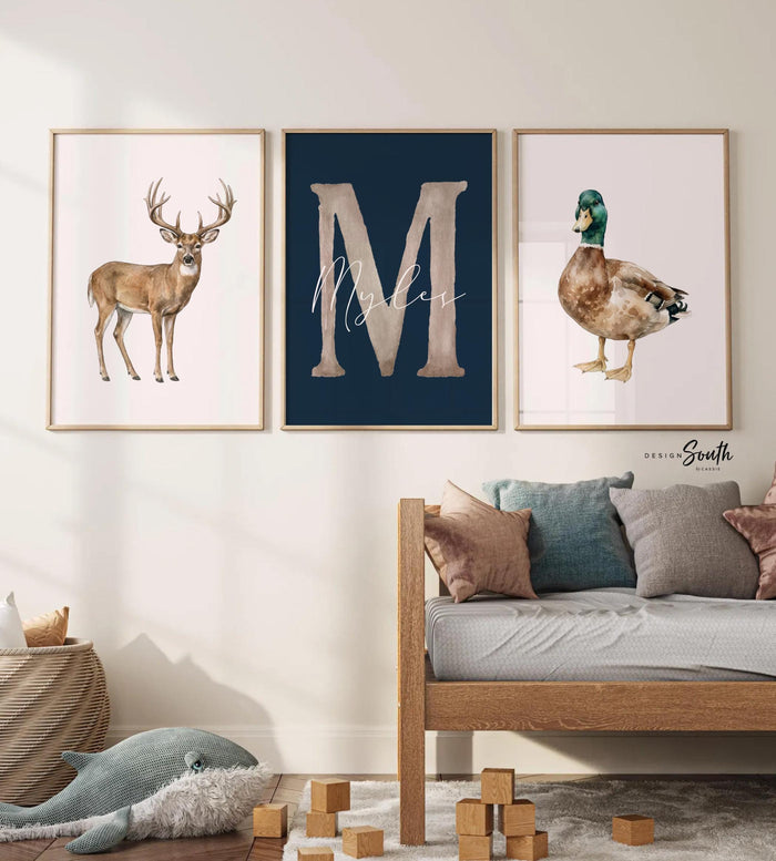 Personalized Hunting Nursery Wall Art Set of 3, Whitetail Deer Mallard Duck Prints, Navy Blue Boy Nursery, Custom Name & Initial Decor