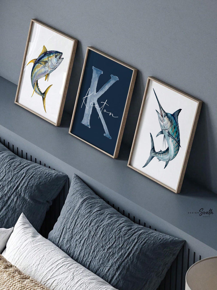 Blue Marlin & Yellowfin Tuna Nursery Wall Art Set of 3, Personalized Boy Fishing Prints, Navy Saltwater Fish Decor Offshore Sportfishing Art