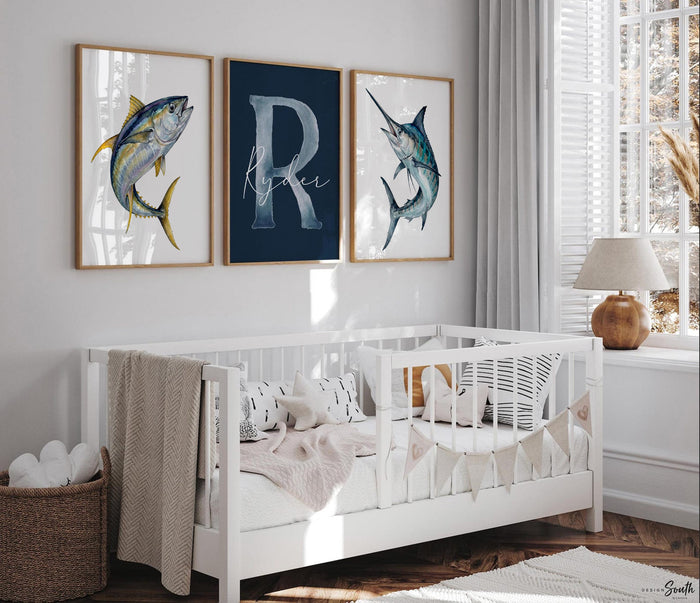 Blue Marlin & Yellowfin Tuna Nursery Wall Art Set of 3, Personalized Boy Fishing Prints, Navy Saltwater Fish Decor Offshore Sportfishing Art