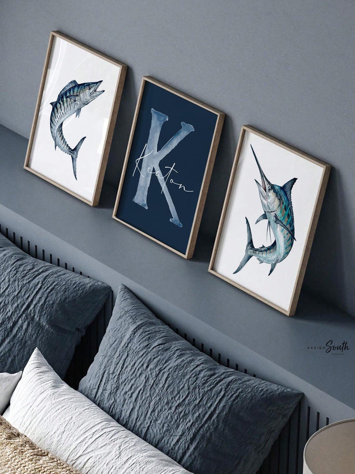 Blue Marlin & Wahoo Nursery Wall Art Set of 3, Personalized Boy Fishing Prints, Navy Saltwater Fish Decor Offshore Sportfishing Art