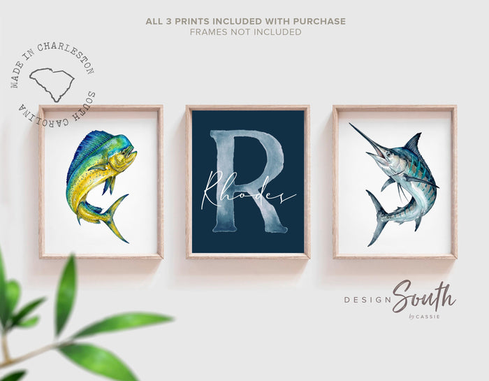 Blue Marlin & Yellowfin Tuna Nursery Wall Art Set of 3, Personalized Boy Fishing Prints, Navy Saltwater Fish Decor Offshore Sportfishing Art