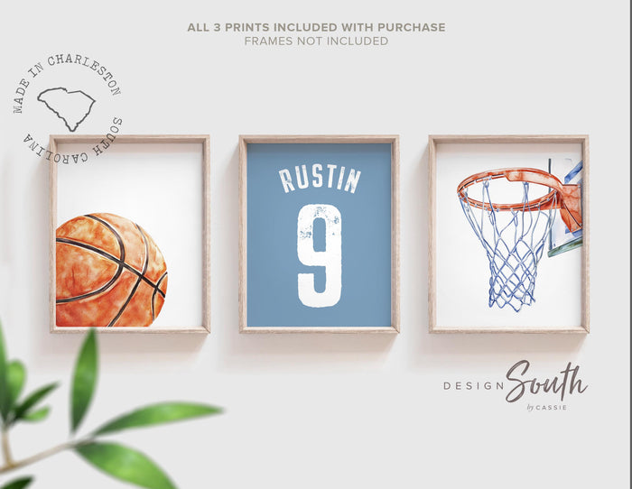 Basketball Wall Art Set of 3, Personalized Boys Basketball Nursery Decor, Blue Basketball Prints, Name Number Jersey, Little Baller Room Art