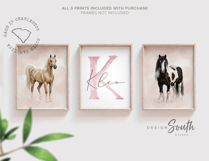 Personalized Horse Wall Art Set of 3, Girls Horse Nursery Decor, Palomino & Gypsy Vanner Prints, Pink Monogram Equestrian Room Art