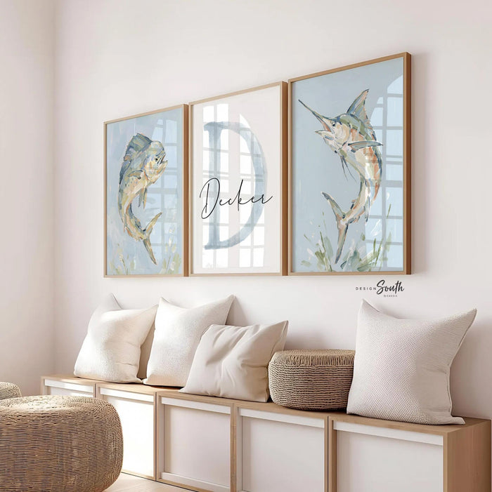 Marlin & Mahi Mahi Wall Art Set of 3, Personalized Boys Fishing Nursery Decor, Dorado Fish Prints, Monogram Name, Coastal Ocean Bedroom Art