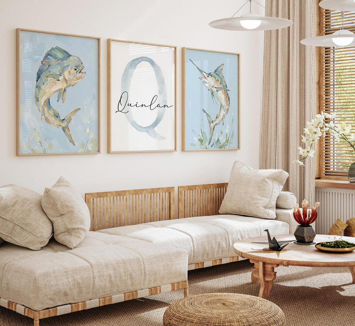 Marlin & Mahi Mahi Wall Art Set of 3, Personalized Boys Fishing Nursery Decor, Dorado Fish Prints, Monogram Name, Coastal Ocean Bedroom Art