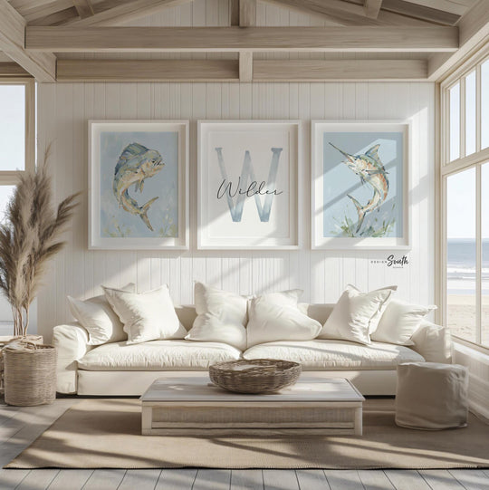 Marlin & Mahi Mahi Wall Art Set of 3, Personalized Boys Fishing Nursery Decor, Dorado Fish Prints, Monogram Name, Coastal Ocean Bedroom Art
