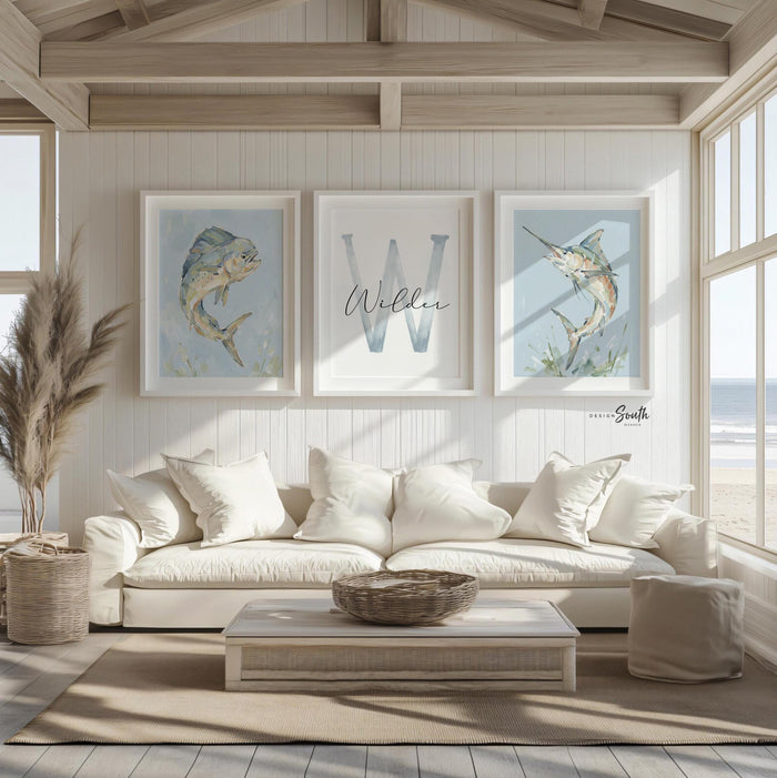 Marlin & Mahi Mahi Wall Art Set of 3, Personalized Boys Fishing Nursery Decor, Dorado Fish Prints, Monogram Name, Coastal Ocean Bedroom Art