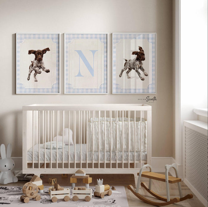 German Shorthaired Pointer Wall Art Set of 3, GSP Puppy Nursery Decor, Personalized Boys Bird Dog Prints, Blue Gingham Hunting Room Art