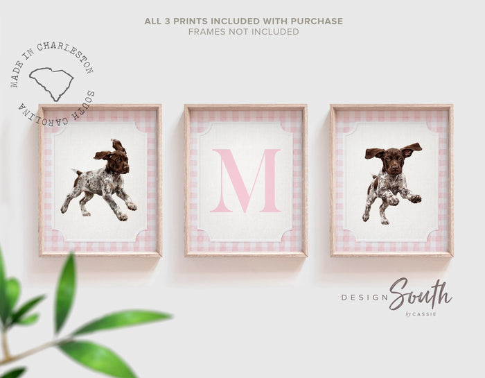 German Shorthaired Pointer Wall Art Set of 3, GSP Puppy Girl Nursery Decor, Pink Gingham Bird Dog Print, Personalized Initial Baby Girl Gift