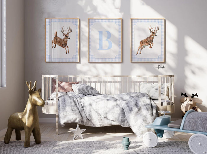 Whitetail Deer Nursery Wall Art Set of 3, Baby Boy Hunting Decor, Jumping Buck Prints, Blue Gingham, Personalized Initial Hunter Room Art