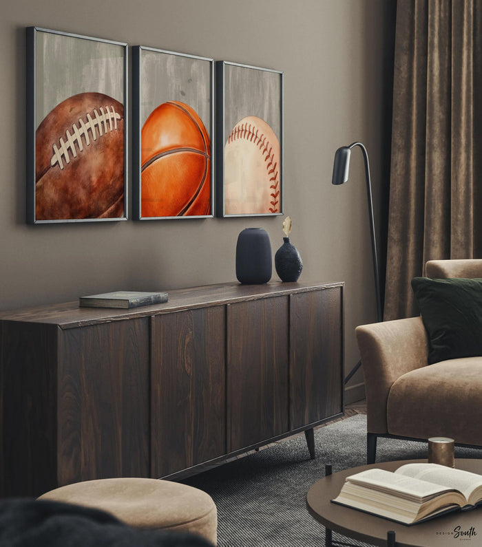 Neutral Sports Wall Art Set of 3, Boys Sports Nursery Decor, Basketball Football Baseball Prints, Distressed Gray Sports Bedroom Art