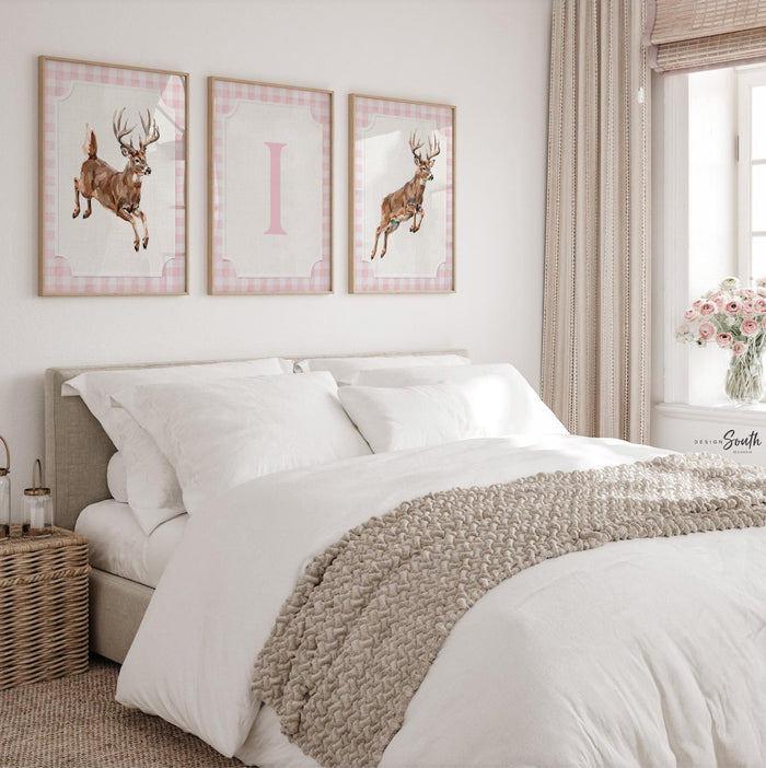 Whitetail Deer Nursery Wall Art Set, Baby Girl Hunting Decor, Jumping Buck Prints, Pink Gingham, Personalized Initial Deer Hunter Room Art