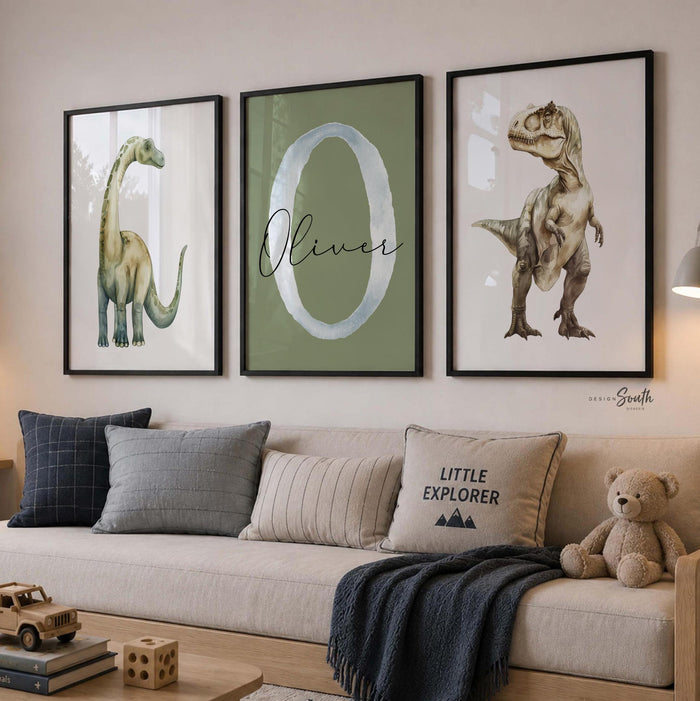 Personalized Green Dinosaur Nursery Wall Art Set of 3, Watercolor Brachiosaurus T-Rex Prints, Dino Boys Bedroom Decor, Custom Name Art