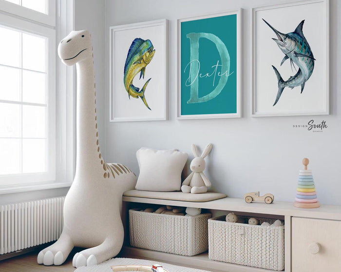 Personalized Marlin & Mahi Mahi Wall Art Set, Teal Blue Fish Prints