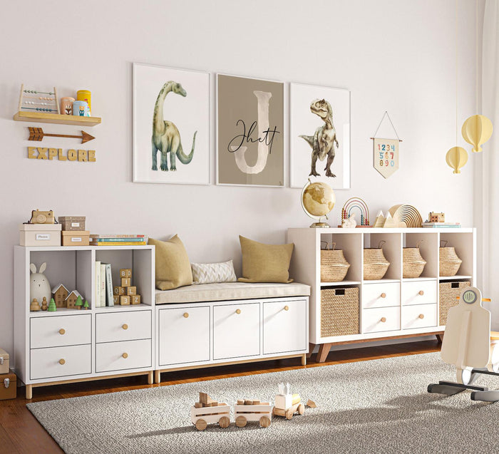 Personalized Dinosaur Nursery Wall Art Set of 3, Boys Watercolor Brachiosaurus T-Rex Prints, Custom Name Initial Prehistoric Baby Room Decor