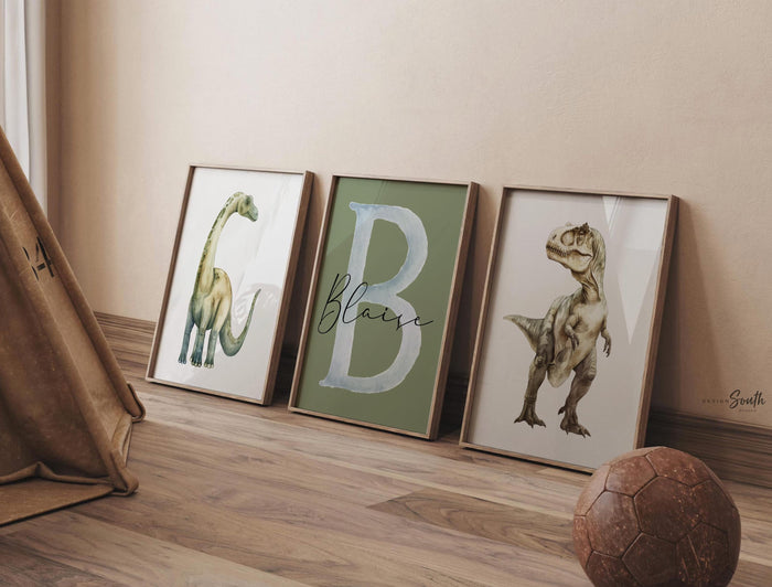 Personalized Green Dinosaur Nursery Wall Art Set of 3, Watercolor Brachiosaurus T-Rex Prints, Dino Boys Bedroom Decor, Custom Name Art