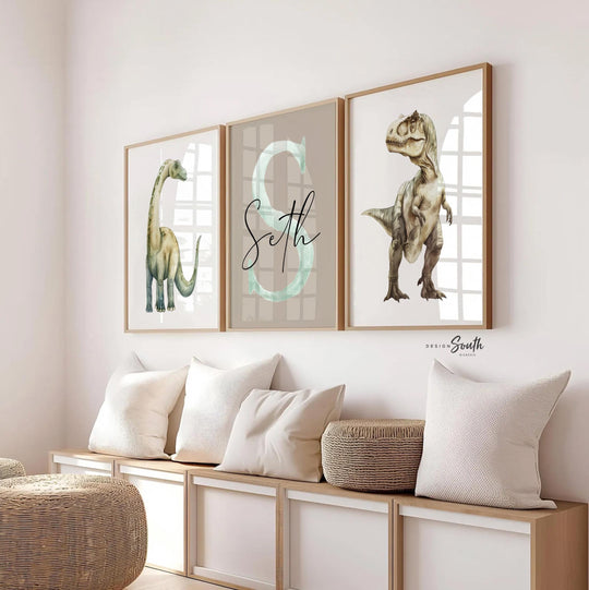 Personalized Dinosaur Nursery Wall Art Set of 3, Watercolor T-Rex & Brachiosaurus Prints, Neutral Baby Boy Nursery Decor