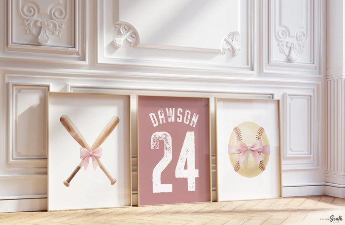 Softball Girls Nursery Wall Art Set, Pink Baseball Bats & Softball Bows, Personalized Name Number Print, Baby Girl Room Decor Gift