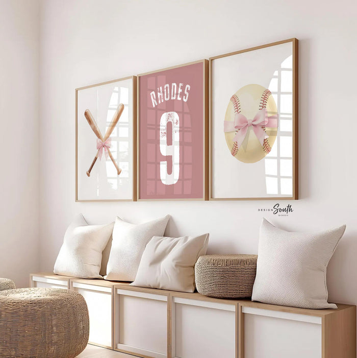 Softball Girls Nursery Wall Art Set, Pink Baseball Bats & Softball Bows, Personalized Name Number Print, Baby Girl Room Decor Gift