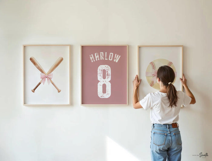 Softball Girls Nursery Wall Art Set, Pink Baseball Bats & Softball Bows, Personalized Name Number Print, Baby Girl Room Decor Gift