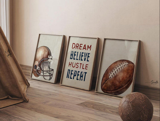 Football Nursery Wall Art Set of 3, Vintage Football Helmet Prints, Dream Believe Hustle Repeat, Boys Sports Bedroom Decor, Football Gift